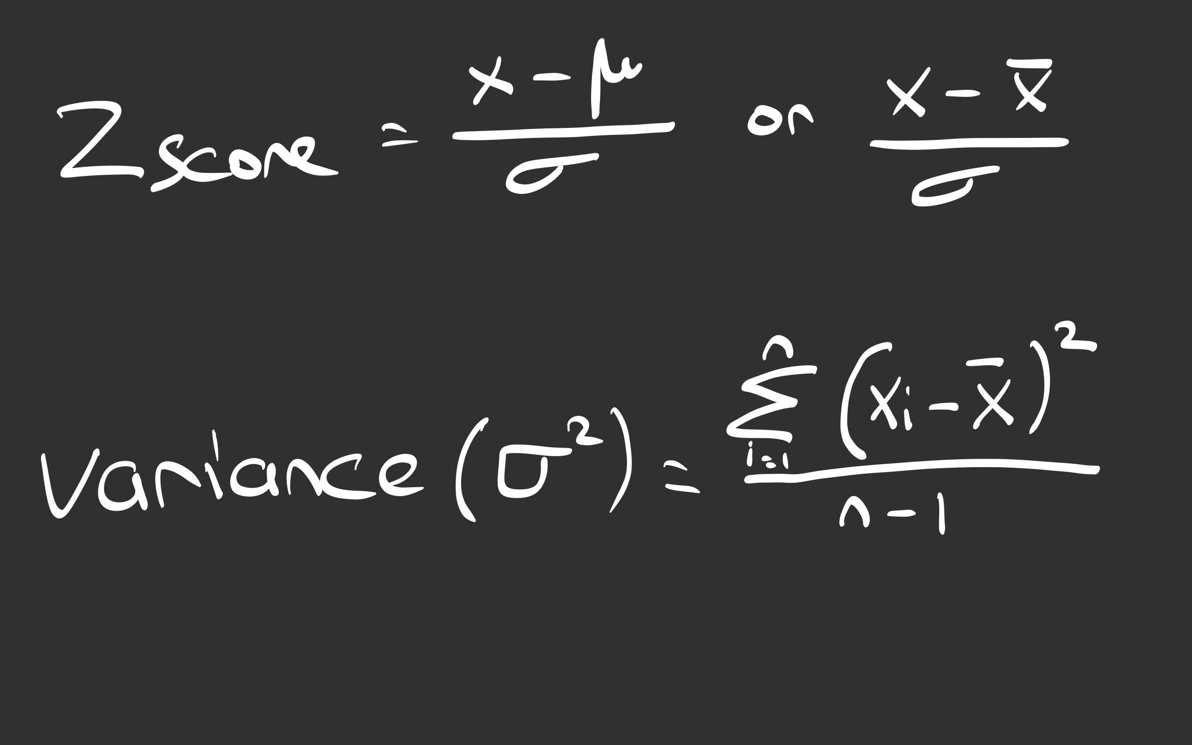 Handwritten formulas for Z-Score and Variance